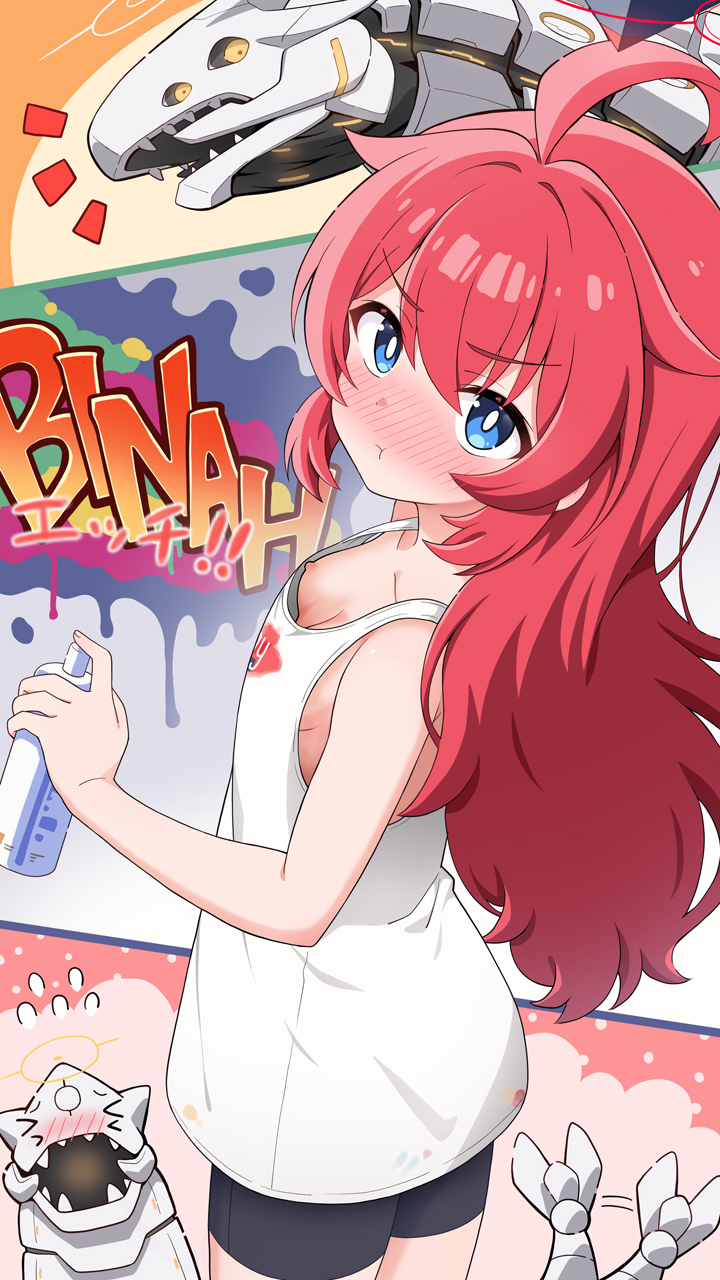 &gt;_&lt; 1girl :t ahoge binah_(blue_archive) black_shorts blue_archive blue_eyes blush breasts bright_pupils character_name closed_mouth commentary_request cowboy_shot embarrassed flying_sweatdrops from_side hair_down halo highres holding_spray_can long_hair looking_at_viewer maki_(blue_archive) maki_(pajamas)_(blue_archive) motion_lines nipple_slip nipples nose_blush notice_lines official_alternate_costume official_alternate_hairstyle paid_reward_available pajamas pout red_hair red_halo shirt shorts simple_background sleeveless sleeveless_shirt small_breasts solo tail tail_wagging translated upturned_eyes v-shaped_eyebrows variant_set white_pajamas white_pupils white_shirt yellow_halo yuuma_(skirthike)