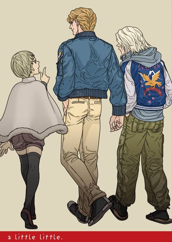 10s 1girl 2boys bad_id bad_pixiv_id blonde_hair blue_jacket cape hood hoodie huang_pao-lin ivan_karelin jacket keith_goodman multiple_boys purple_jacket shorts tiger_&amp;_bunny v-room