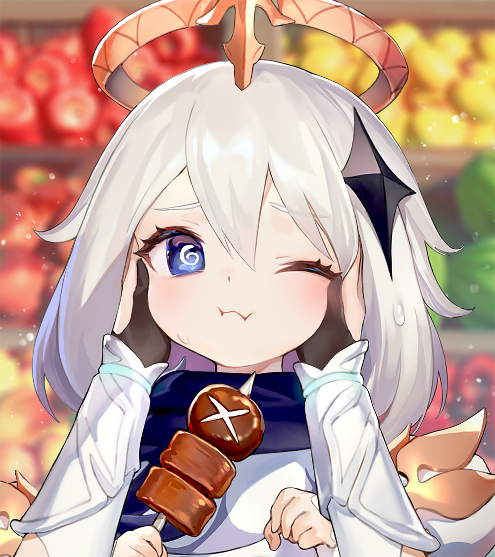 2girls ainy apple arm_armor bell_pepper black_gloves blue_eyes blue_scarf blurry blurry_background blush closed_mouth commentary_request crystal_hair_ornament detached_sleeves dress fingerless_gloves fingernails food fruit genshin_impact gloves green_bell_pepper grey_hair hair_between_eyes hair_ornament halo hands_on_another&#039;s_face holding holding_food long_sleeves looking_at_viewer lumine_(genshin_impact) meat mechanical_halo multiple_girls one_eye_closed paimon_(genshin_impact) scarf short_hair solo_focus sweatdrop white_dress yellow_pepper