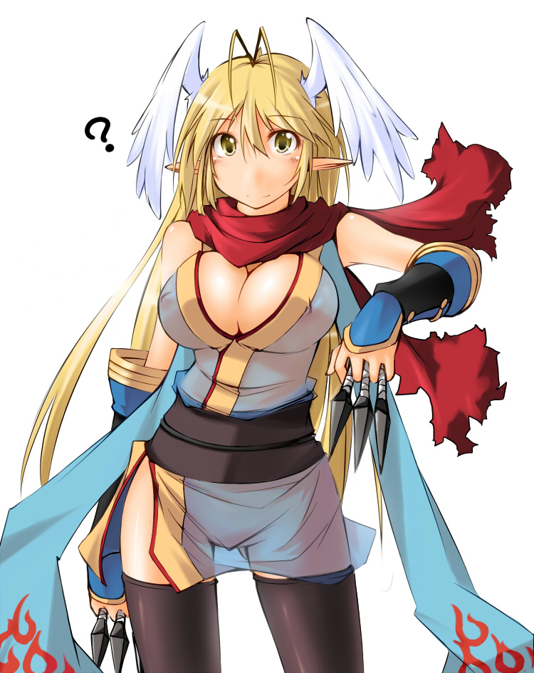 1girl ? antenna_hair black_sash black_thighhighs blonde_hair blue_dress blush breasts cleavage closed_mouth commentary_request covered_erect_nipples cowboy_shot dagger dress feathered_wings head_wings holding holding_dagger holding_knife holding_weapon kaminagi_(kaminagi-tei) knife kunai large_breasts long_hair looking_at_viewer ninja ninja_(ragnarok_online) no_panties obi pointy_ears ragnarok_online red_scarf sash scarf see-through_clothes see-through_dress short_dress simple_background sleeveless sleeveless_dress smile solo thighhighs torn_clothes torn_scarf vambraces very_long_hair weapon white_background white_wings wings yellow_eyes