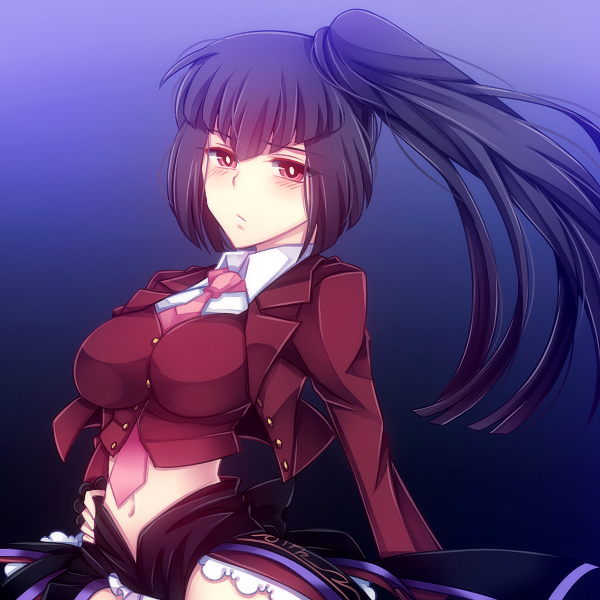 1girl belphegor_(umineko) black_hair blush breasts female_focus gradient_background large_breasts looking_at_viewer midriff momofukki navel necktie ponytail red_eyes solo umineko_no_naku_koro_ni