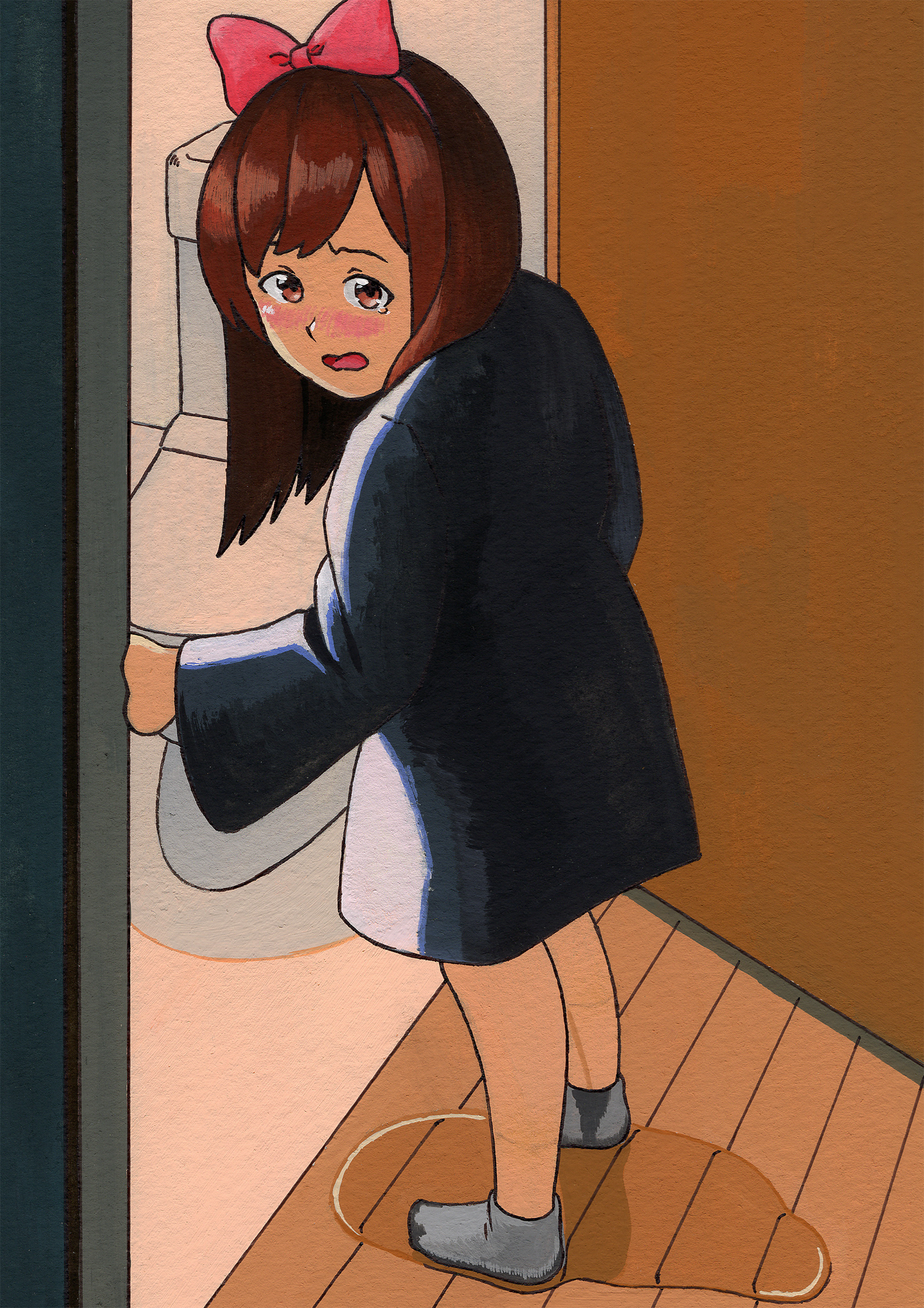1girl absurdres bathroom black_dress blush bow brown_eyes brown_hair cosplay door dress embarrassed grey_socks hair_bow halloween halloween_costume highres kiki_(majo_no_takkyuubin) kiki_(majo_no_takkyuubin)_(cosplay) long_hair long_sleeves looking_at_viewer majo_no_takkyuubin open_mouth original pee peeing peeing_self puddle red_bow shoumizumaru_magamo socks standing studio_ghibli tears toilet wet wet_clothes wet_socks