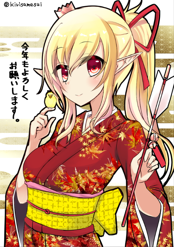 1girl animal_on_finger arrow_(projectile) bell bird blonde_hair bow closed_mouth crown elf furisode hair_ribbon hamaya holding holding_arrow japanese_clothes jingle_bell kimono leaf_print mini_crown new_year original pointy_ears ponytail red_eyes red_kimono red_ribbon ribbon solo suisui_(hakkindou) twitter_username yellow_bow