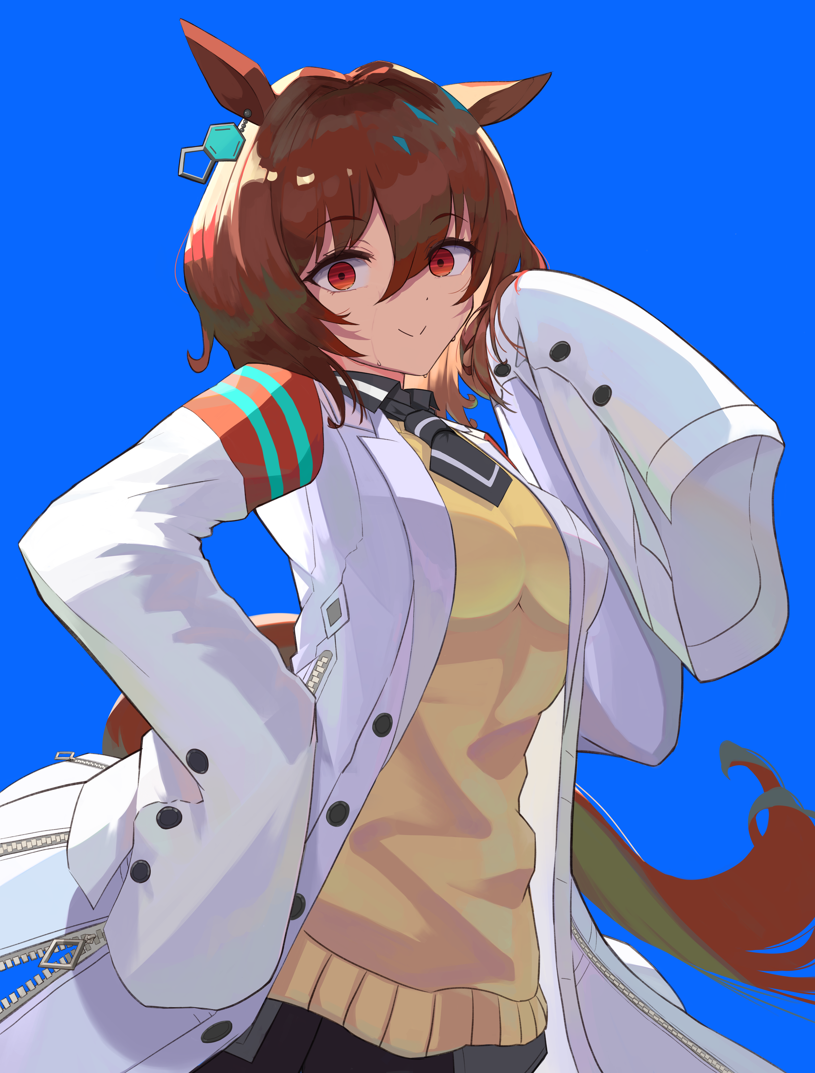 1girl absurdres agnes_tachyon_(umamusume) ahoge animal_ears black_necktie blue_background brown_hair earrings hair_between_eyes highres horse_ears horse_girl jewelry lab_coat long_sleeves looking_at_viewer looking_to_the_side madori_(madori151) necktie red_eyes short_hair short_necktie simple_background single_earring sleeves_past_fingers sleeves_past_wrists smile solo sweater umamusume yellow_sweater