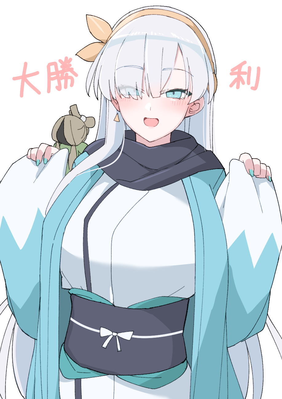 1girl akitokage anastasia_(fate) black_scarf blue_eyes blue_nails breasts cosplay earrings fate/grand_order fate_(series) hair_over_one_eye hairband haori highres huge_breasts japanese_clothes jewelry kimono large_breasts long_hair looking_at_viewer nail_polish obi okita_souji_(fate) okita_souji_(koha-ace) okita_souji_(koha-ace)_(cosplay) open_mouth sash scarf shinsengumi silver_hair single_earring smile upper_body white_kimono yellow_hairband