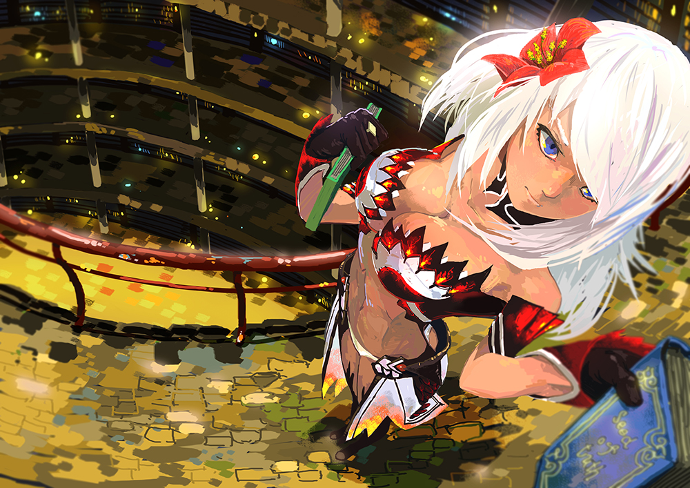 1girl armor armored_dress bad_id bad_pixiv_id beijuu belt black_boots black_thighhighs blue_eyes book boots breasts cleavage cleavage_cutout clothing_cutout collar dark-skinned_female dark_skin detail dress female_focus fire flower guild_wars_(series) guild_wars_1 guild_wars_2 hair_ornament hip_focus library long_hair red_flower scoutsmiso shoulder_armor solo thigh_boots thighhighs thighs white_hair