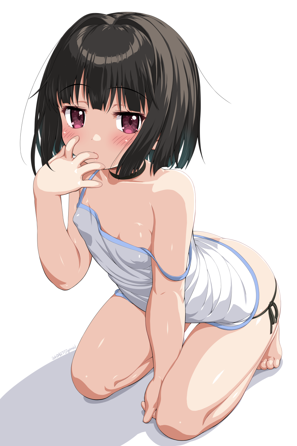 1girl bare_shoulders barefoot black_hair black_panties blush breasts covered_erect_nipples dd_(ijigendd) finger_sucking full_body highres kneeling looking_at_viewer original panties purple_eyes short_hair side-tie_panties simple_background small_breasts solo strap_slip toes underwear white_background