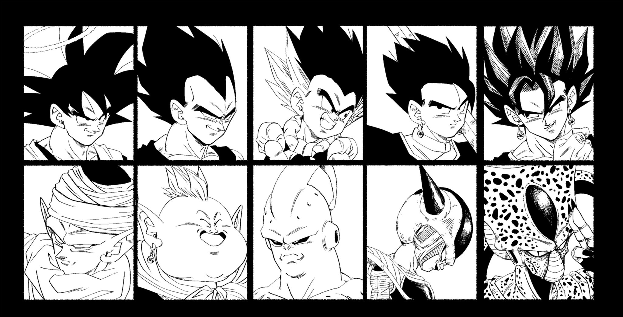 1st_form_frieza 6+boys antennae armor biceps black_border black_eyes black_hair black_sclera border cell_(dragon_ball) close-up closed_eyes closed_mouth colored_sclera dai_kaioushin dragon_ball dragonball_z earrings evil_smile facing_viewer fenyon finger_to_face fingernails fingers_together frieza gloves gotenks greyscale grin halo hand_up head_down high_collar highres horns imperfect_cell jewelry long_fingernails looking_afar looking_at_viewer majin_buu male_focus metamoran_vest mohawk monochrome multicolored_hair multiple_boys neckerchief over_shoulder piccolo pointy_ears potara_earrings profile saiyan_armor simple_background slit_pupils smile son_gohan son_goku spiked_hair streaked_hair super_buu sword sword_over_shoulder tail turban vegeta vegetto weapon weapon_over_shoulder white_background