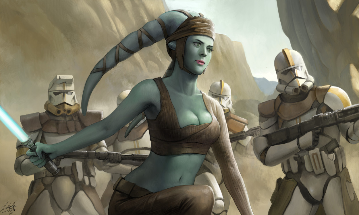 1girl 4boys aayla_secura alien armor blue_lightsaber blue_skin breasts brown_pants brown_shirt cleavage clone_trooper colored_skin commander_bly crop_top day energy_sword green_eyes gun helmet holding holding_gun holding_sword holding_weapon jedi jiwon_kim lekku_(anatomy) lightsaber medium_breasts midriff multiple_boys navel outdoors pants shirt single_sleeve star_wars sword twi'lek weapon white_armor white_helmet