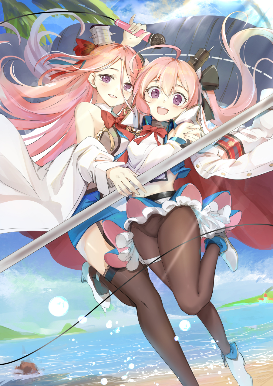 2girls azur_lane beach black_bow black_hairband black_legwear black_ribbon blush bow breasts coat day dress elbow_gloves garter_belt gloves hairband highres jacket jacket_on_shoulders koroneko_p0w0q lexington_(azur_lane) long_hair looking_at_viewer medium_breasts military_jacket mini_wings multicolored_dress multiple_girls ocean outdoors palm_tree panties panties_under_pantyhose pantyhose partially_fingerless_gloves pink_hair purple_eyes retrofit_(azur_lane) ribbon sand saratoga_(azur_lane) saratoga_(retrofit)_(azur_lane) skirt sky sleeveless sleeveless_dress smokestack staff standing standing_on_one_leg thighhighs tree twintails underwear water white_coat wings