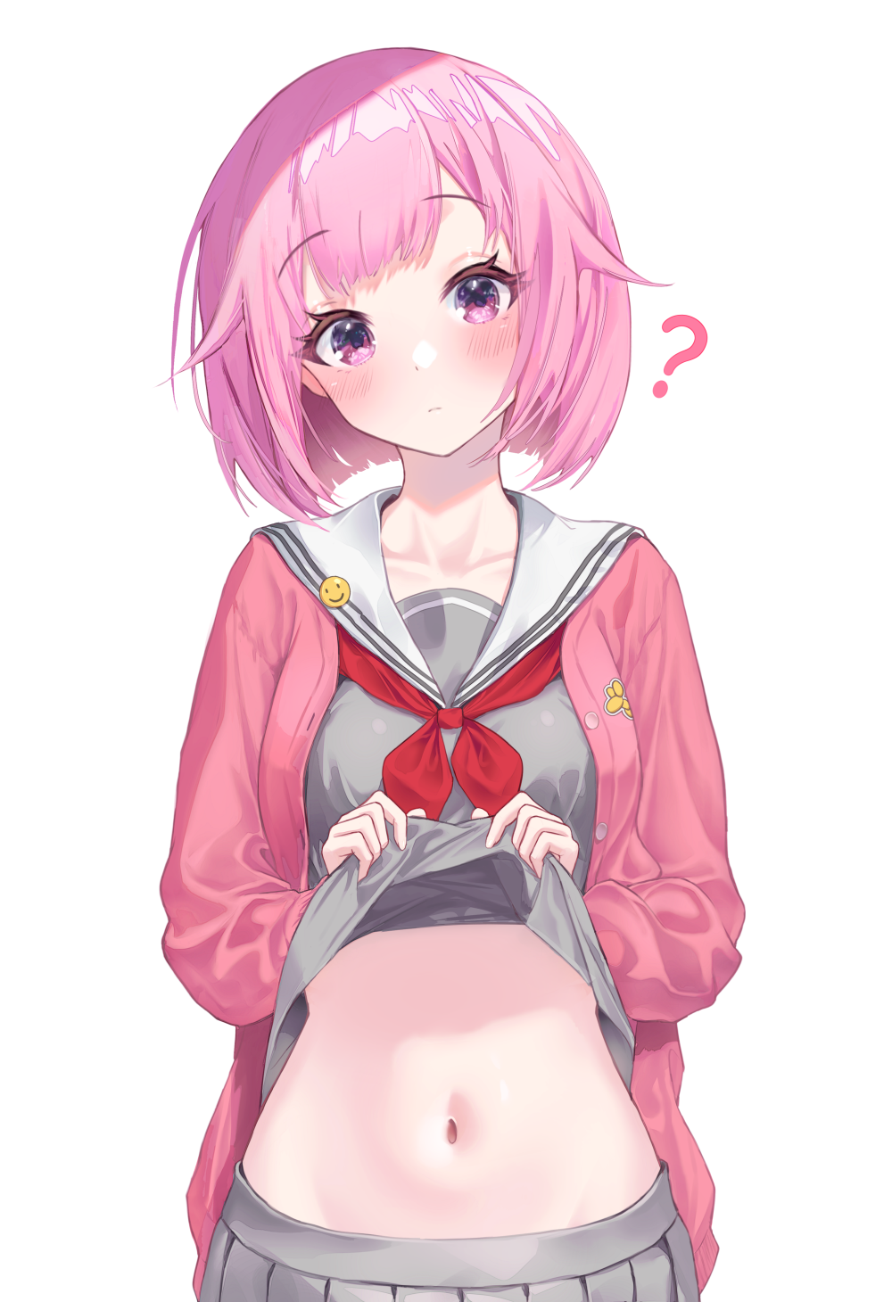 1girl ? badge blunt_ends blush button_badge cardigan ciawasemono closed_mouth clothes_lift collarbone grey_serafuku grey_skirt head_tilt highres lifting_own_clothes long_sleeves looking_at_viewer medium_hair navel neckerchief ootori_emu open_cardigan open_clothes pink_cardigan pink_eyes pink_hair pleated_skirt project_sekai raised_eyebrows red_neckerchief sailor_collar school_uniform serafuku shirt_lift simple_background skirt smile_emoji solo standing stomach white_background white_sailor_collar