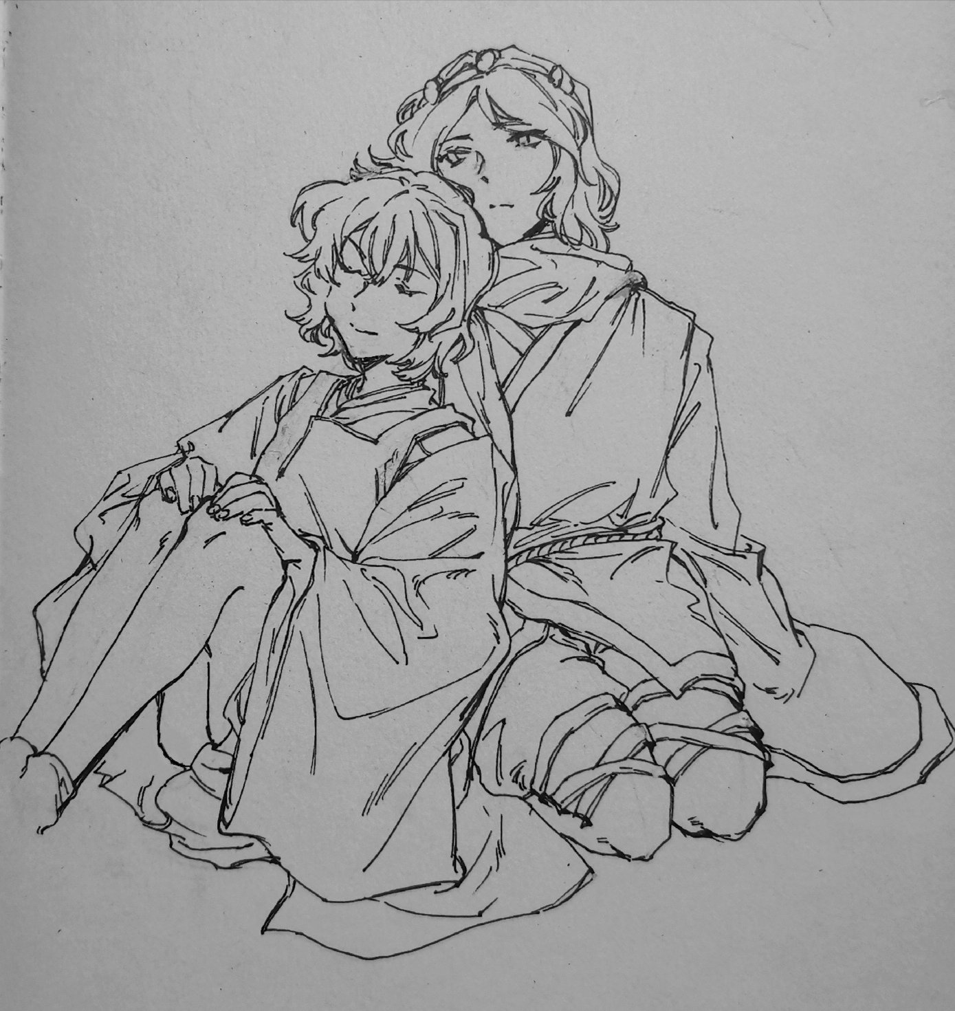 2others androgynous bare_legs closed_eyes closed_mouth cropped_legs detached_sleeves expressionless fingernails greyscale hair_between_eyes hair_rollers hairband hakama hakama_short_skirt hakama_skirt hands_on_own_knees highres japanese_clothes jinbei_(clothes) jishixingle1029 kariginu kneeling knees_up leaning_on_person leg_ribbon len'en light_frown long_sleeves monochrome multiple_others no_headwear other_focus photo_(medium) pointy_nose ribbon scarf senri_tsurubami short_hair shorts skirt sleeves_past_fingers sleeves_past_wrists socks traditional_media wide_sleeves zuifeng_tenkai