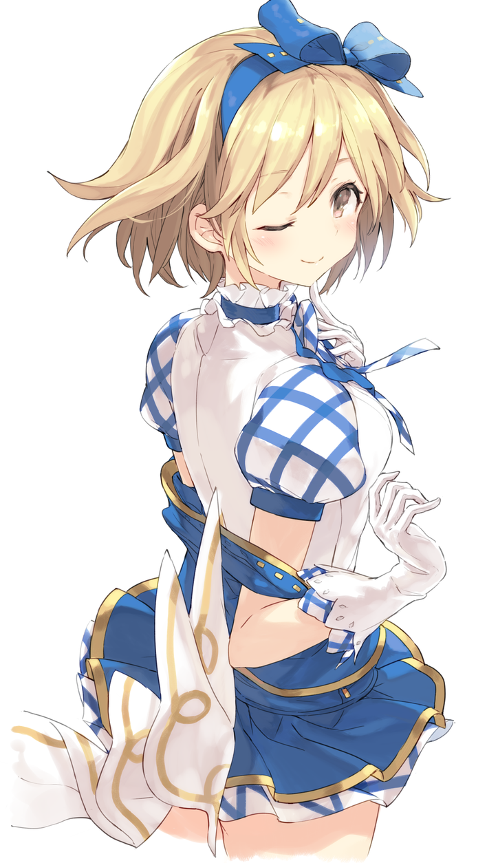 10s 1girl ;) a_(nanananaaannaa) bad_id bad_pixiv_id blonde_hair blush bow brown_eyes circle_skirt cowboy_shot djeeta_(granblue_fantasy) dress female_focus finger_to_own_chin from_behind gloves granblue_fantasy hair_bow hairband highres kimi_to_boku_no_mirai looking_at_viewer looking_back one_eye_closed puffy_short_sleeves puffy_sleeves short_hair short_sleeves simple_background smile solo superstar_(granblue_fantasy) white_background white_gloves