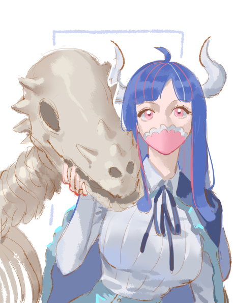 1girl blue_cape blue_hair blue_ribbon blue_skirt cape covered_mouth curled_horns dinosaur_skeleton fur-trimmed_cape fur_trim horns looking_at_viewer mask mouth_mask multicolored_hair neck_ribbon one_piece pink_eyes pink_hair pink_mask raine_(acke2445) ribbon shirt skeleton skirt solo streaked_hair ulti_(one_piece) white_horns white_shirt