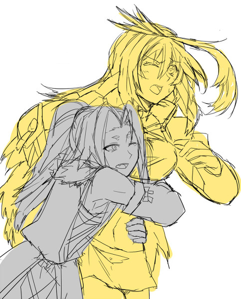 1boy 1girl bare_shoulders breasts detached_sleeves grey_theme ivar_(tales) midriff milla_maxwell skirt tales_of_(series) tales_of_xillia yellow_theme