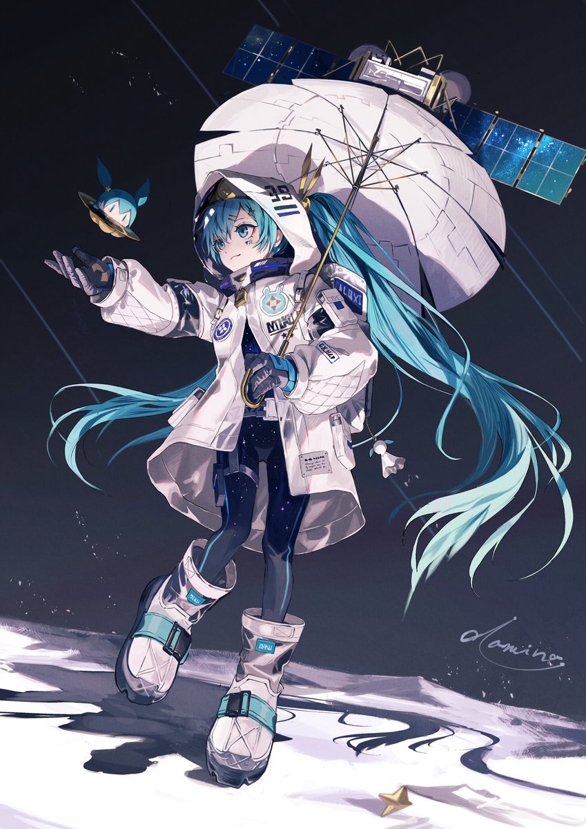 1girl black_leggings blue_eyes blue_hair boots coat commentary_request facial_tattoo full_body gloves grey_gloves hair_ornament hairclip hatsune_miku heart heart_tattoo helmet highres holding holding_umbrella leggings long_hair long_sleeves moon on_moon ozaki_domino shooting_star signature solo space space_helmet space_station spacesuit standing standing_on_one_leg swept_bangs tattoo twintails umbrella very_long_hair vocaloid white_boots white_coat
