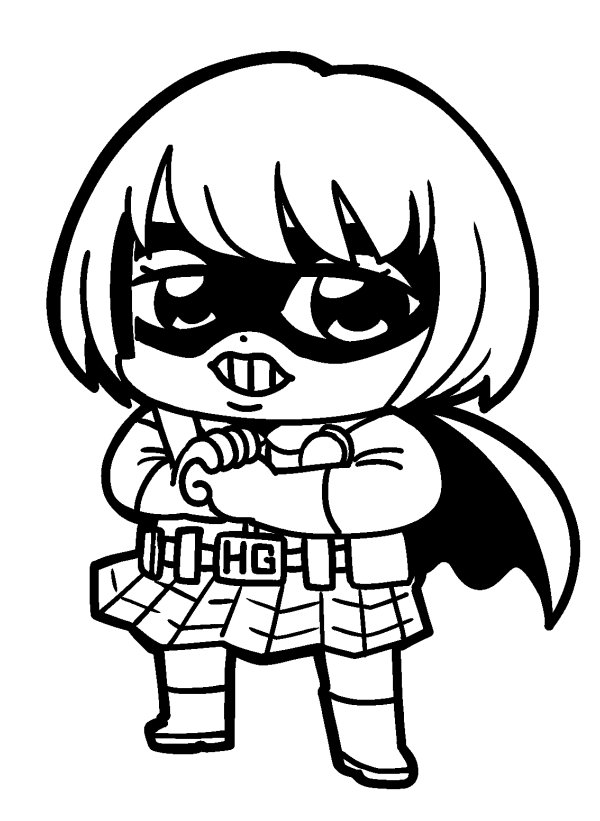 1girl belt belt_pouch bkub boots cape clenched_hand clenched_teeth female_focus fist_in_hand full_body gloves greyscale hit-girl kick-ass mask monochrome mouth_mask open_mouth pouch short_hair simple_background skirt solo superhero_costume teeth white_background