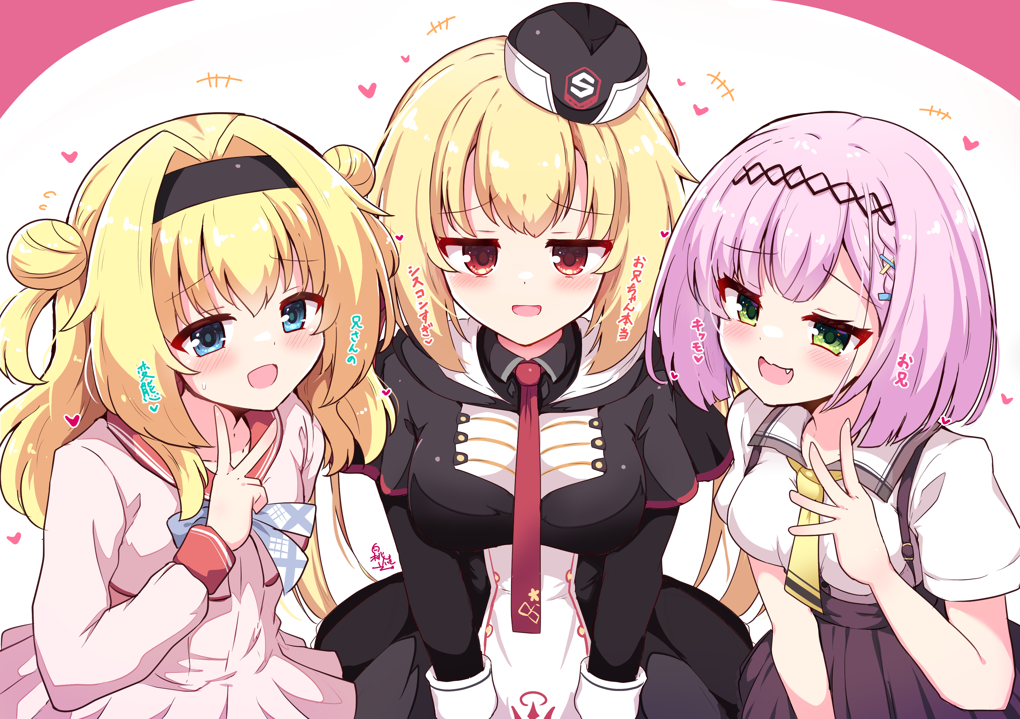 +++ 3girls :d absurdres arihara_nanami black_capelet black_dress black_hairband black_hat blonde_hair blue_eyes bob_cut breasts brown_skirt capelet chitose_sana commentary_request company_connection cowboy_shot crossover double_bun dress eyelashes eyes_visible_through_hair fang flying_sweatdrops garrison_cap green_eyes hair_between_eyes hair_bun hair_intakes hair_ornament hairband hairclip hakutocake hand_up hat heart highres hood hood_down jitome large_breasts long_hair long_sleeves looking_at_viewer low_twintails medium_breasts mesugaki military_uniform mizuka_academy_school_uniform multiple_crossover multiple_girls necktie open_mouth pink_hair pink_serafuku pink_shirt pink_skirt pleated_skirt red_eyes red_necktie red_sailor_collar riddle_joker sailor_collar school_uniform serafuku shirt short_sleeves signature simple_background skirt small_breasts smile suspender_skirt suspenders sweatdrop tanikaze_amane tenshi_souzou_re-boot! tenshinranman trait_connection translated twintails two_side_up v white_background white_shirt x_hair_ornament yuzu-soft zako_(phrase)