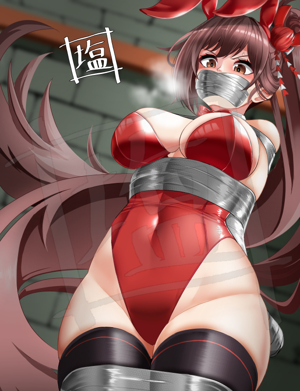1girl alternate_costume animal_ears azur_lane bare_shoulders bdsm bondage bound bow bowtie breasts brown_eyes brown_hair detached_collar duct_tape fake_animal_ears gag large_breasts leotard long_hair playboy_bunny ponytail rabbit_ears red_bow red_bowtie red_leotard shibari siotarou_0293 solo steam strapless strapless_leotard thighhighs zuikaku_(azur_lane)