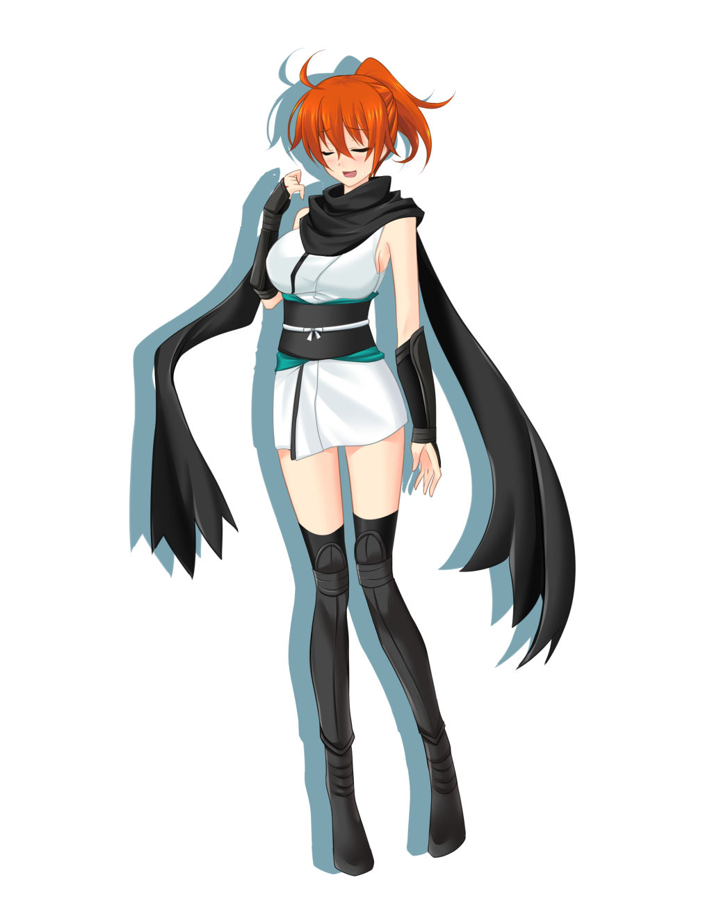 1girl :d ahoge black_scarf black_thighhighs blush breasts closed_eyes cosplay fate/grand_order fate_(series) fujimaru_ritsuka_(female) full_body hair_between_eyes highres japanese_clothes kimono koha-ace large_breasts long_hair okita_souji_(fate) okita_souji_(koha-ace) okita_souji_(koha-ace)_(cosplay) open_mouth orange_hair ponytail scarf shadow short_kimono simple_background sleeveless sleeveless_kimono smile solo standing tachi-e thighhighs white_background white_kimono yustinos