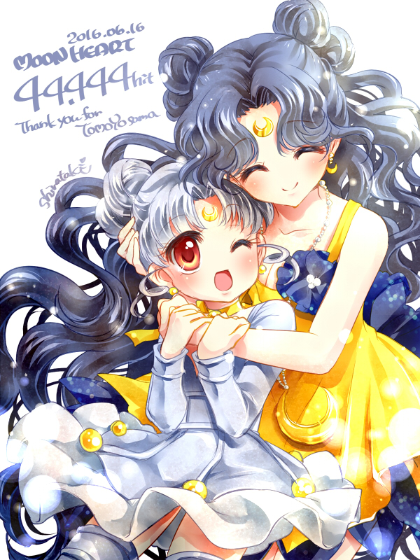 2016 2girls artist_name bead_necklace beads bishoujo_senshi_sailor_moon bishoujo_senshi_sailor_moon_stars bishoujo_senshi_sailor_moon_supers black_hair breasts cleavage closed_eyes collarbone crescent crescent_earrings crescent_facial_mark crescent_necklace dated diana_(sailor_moon) diana_(sailor_moon)_(human) double_bun dress earrings facial_mark forehead_mark hair_bun jewelry long_hair luna_(sailor_moon) luna_(sailor_moon)_(human) mother_and_daughter multiple_girls necklace one_eye_closed shirataki_kaiseki signature silver_dress silver_hair smile very_long_hair wavy_hair yellow_dress