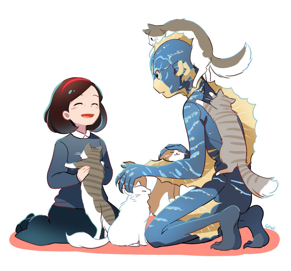 1boy 1girl :3 animal animal_on_back animal_on_head animification brown_hair cat commentary dress elisa_esposito fins hairband headpat kneeling monster_boy on_head save_(naita_aooni) simple_background smile squatting the_shape_of_water