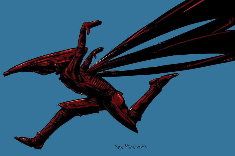 1boy armor bodysuit helmet kurt_hectic male_focus mdk_(game) neil_mcclements outstretched_arms parachute power_armor running science_fiction signature simple_background solo
