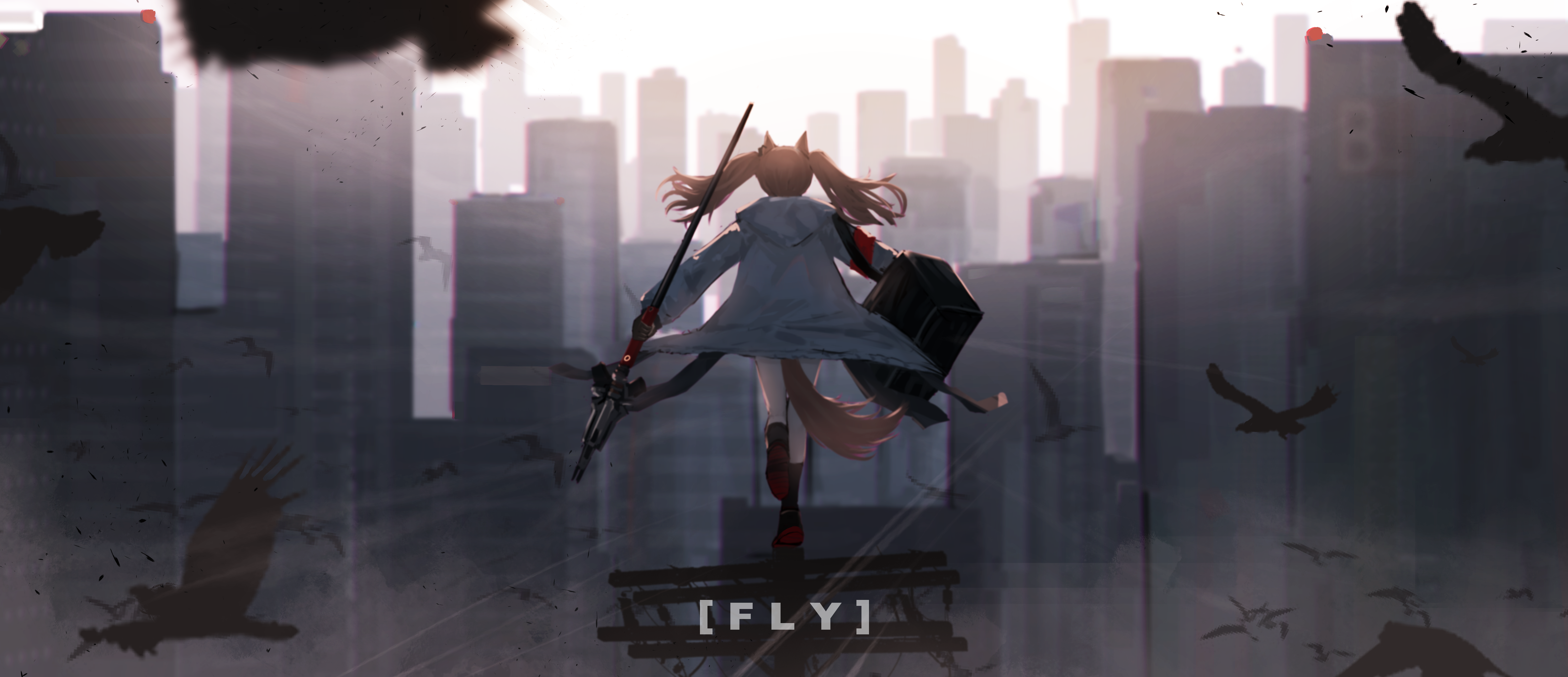 1girl absurdres angelina_(arknights) animal_ears antennae arknights bag bird black_bag black_socks brown_hair building chromatic_aberration city cityscape coat commentary day de4d_fish earpiece english_commentary english_text facing_away floating_clothes floating_hair flock fox_ears fox_girl fox_tail full_body high_up highres holding holding_staff kneehighs long_hair long_sleeves messenger_bag outdoors red_shoes scenery shoes shoulder_bag skyscraper socks solo staff standing tail title white_coat wide_shot