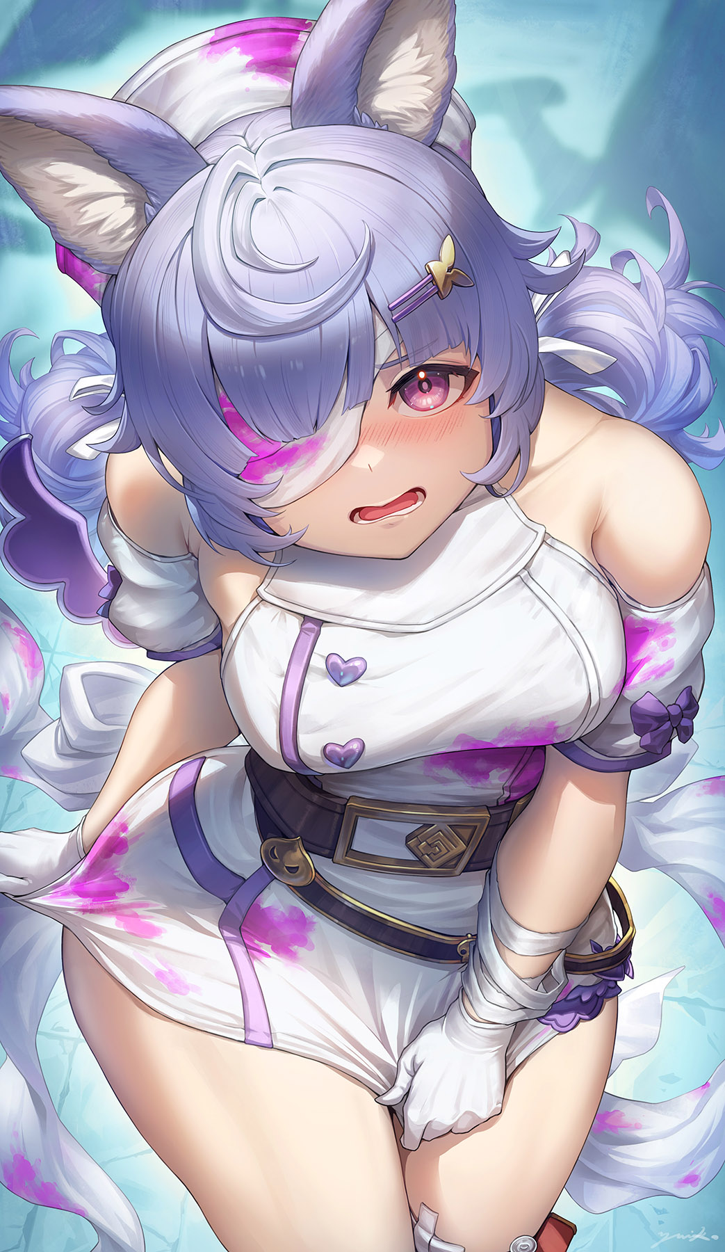 1girl animal_ears bandage_over_one_eye bandaged_arm bandaged_head bandages belt blood bloody_bandages blue_hair breasts dress erune gloves granblue_fantasy hair_ornament hairclip halloween_costume hat highres low_twintails nurse nurse_cap official_alternate_costume open_mouth purple_eyes short_dress sitting thighs tikoh tikoh_(halloween) twintails white_gloves yuiko_(yuiyuiko_108)