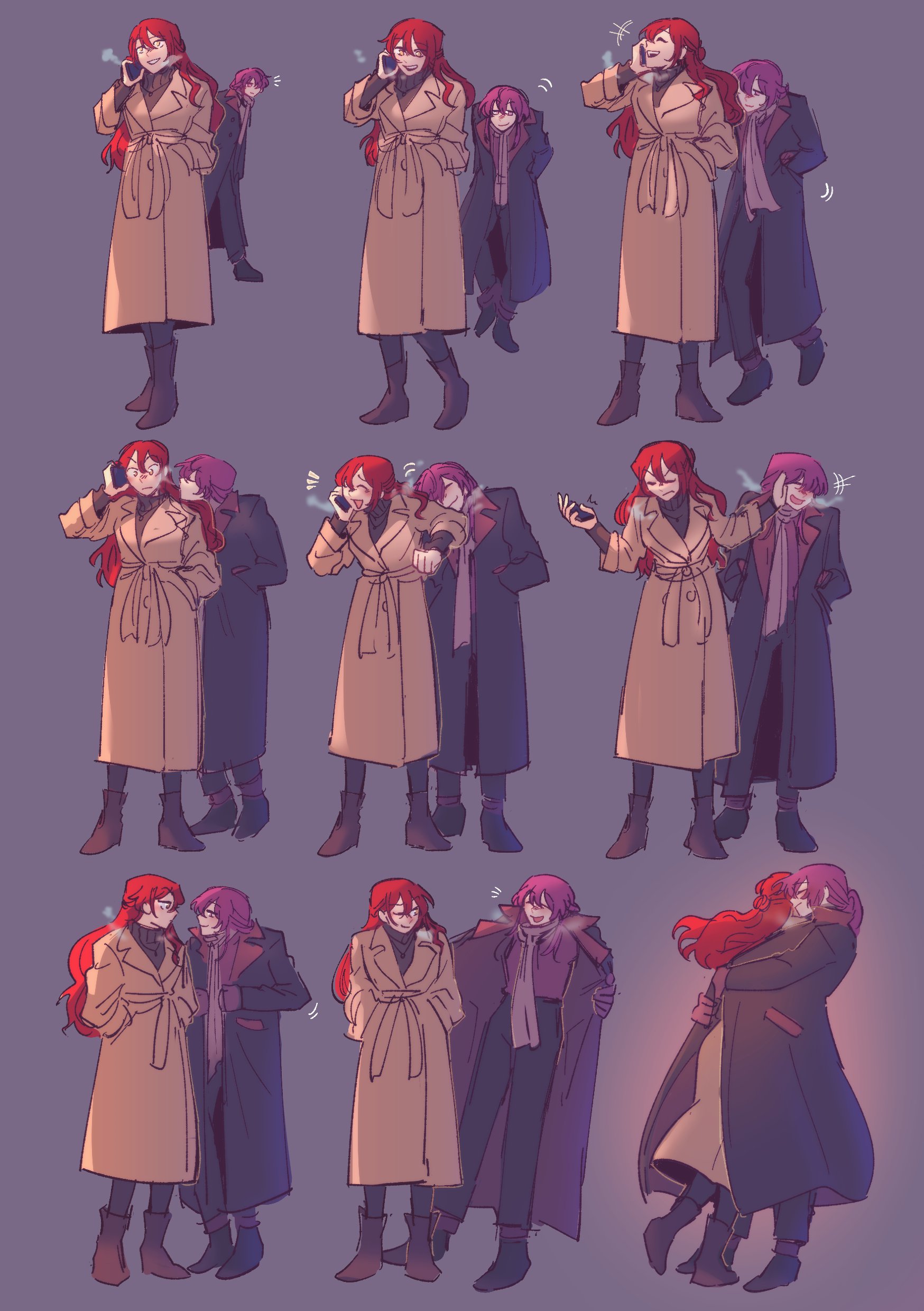 2girls absurdres black_coat black_pants boots breath brown_coat brown_footwear closed_eyes coat commentary gloves gradient_background grey_background hand_on_another's_face highres himeko_(honkai:_star_rail) holding holding_phone honkai:_star_rail honkai_(series) hug kafka_(honkai:_star_rail) laughing long_hair multiple_girls open_mouth pants phone ppyuuingles puckered_lips purple_gloves purple_hair purple_scarf purple_shirt red_hair scarf shared_clothes shared_coat shirt smile talking_on_phone yuri