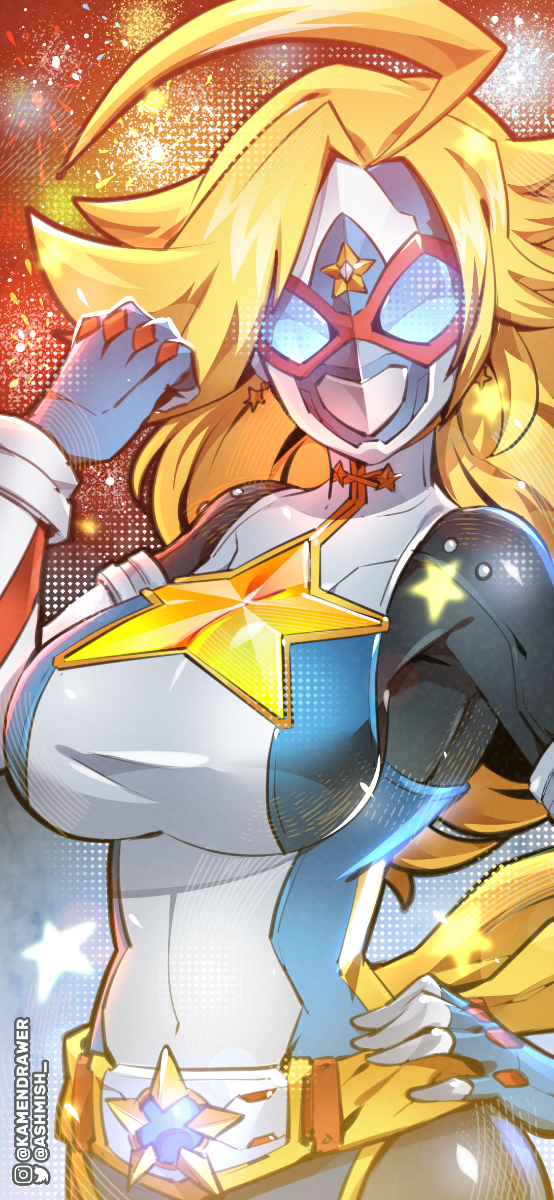 1girl absurdres ahoge armor ashmish blonde_hair blue_eyes breasts cleavage clothing_cutout elbow_gloves eye_mask fingerless_gloves gloves highres kamen_america kamen_america_(comic) kamen_rider large_breasts leotard long_hair looking_at_viewer mask power_armor solo star_(symbol) superhero_costume tokusatsu