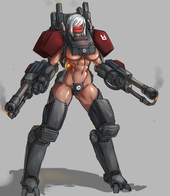 1girl armor breasts collar covered_eyes flamethrower full_body grey_background helldivers_(series) hulk_(helldivers) large_breasts mecha mechanical_arms mechanical_legs metal_collar midriff navel no_bra no_panties robot shadow short_hair shoulder_armor sirpetus solo standing tan teeth underboob weapon white_hair