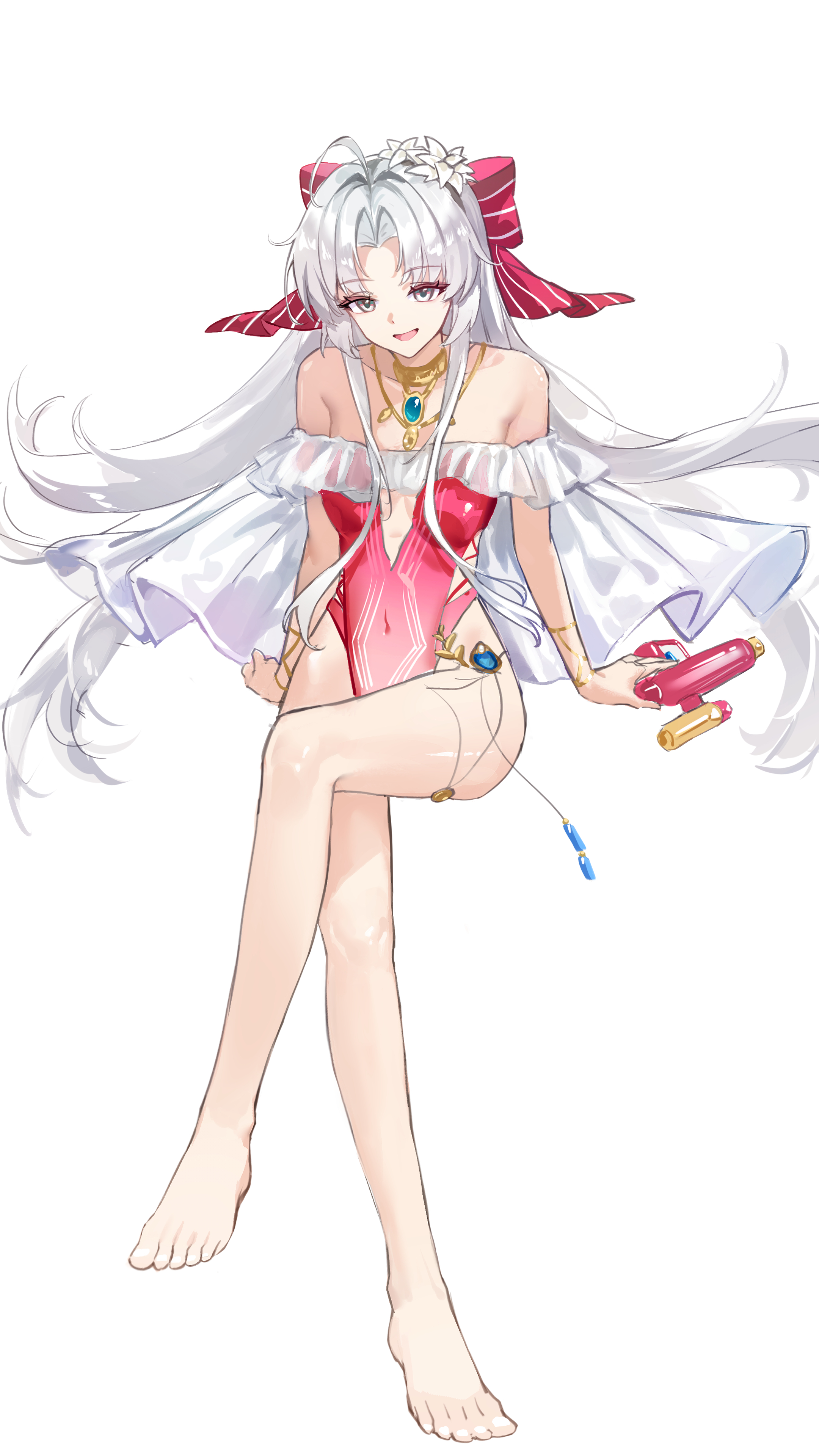 1girl absurdres ahoge bare_shoulders barefoot bow breasts carlotta_(wuthering_waves) casual_one-piece_swimsuit commentary covered_navel crossed_legs english_commentary feet flower frilled_one-piece_swimsuit frills full_body hair_bow hair_flower hair_ornament hair_spread_out highres holding holding_water_gun long_hair looking_at_viewer medium_breasts off-shoulder_one-piece_swimsuit off_shoulder official_alternate_costume one-piece_swimsuit open_mouth parted_bangs pink_bow pink_one-piece_swimsuit reyalp simple_background smile solo striped_bow swimsuit toes very_long_hair water_gun white_background white_eyes white_flower white_hair wuthering_waves