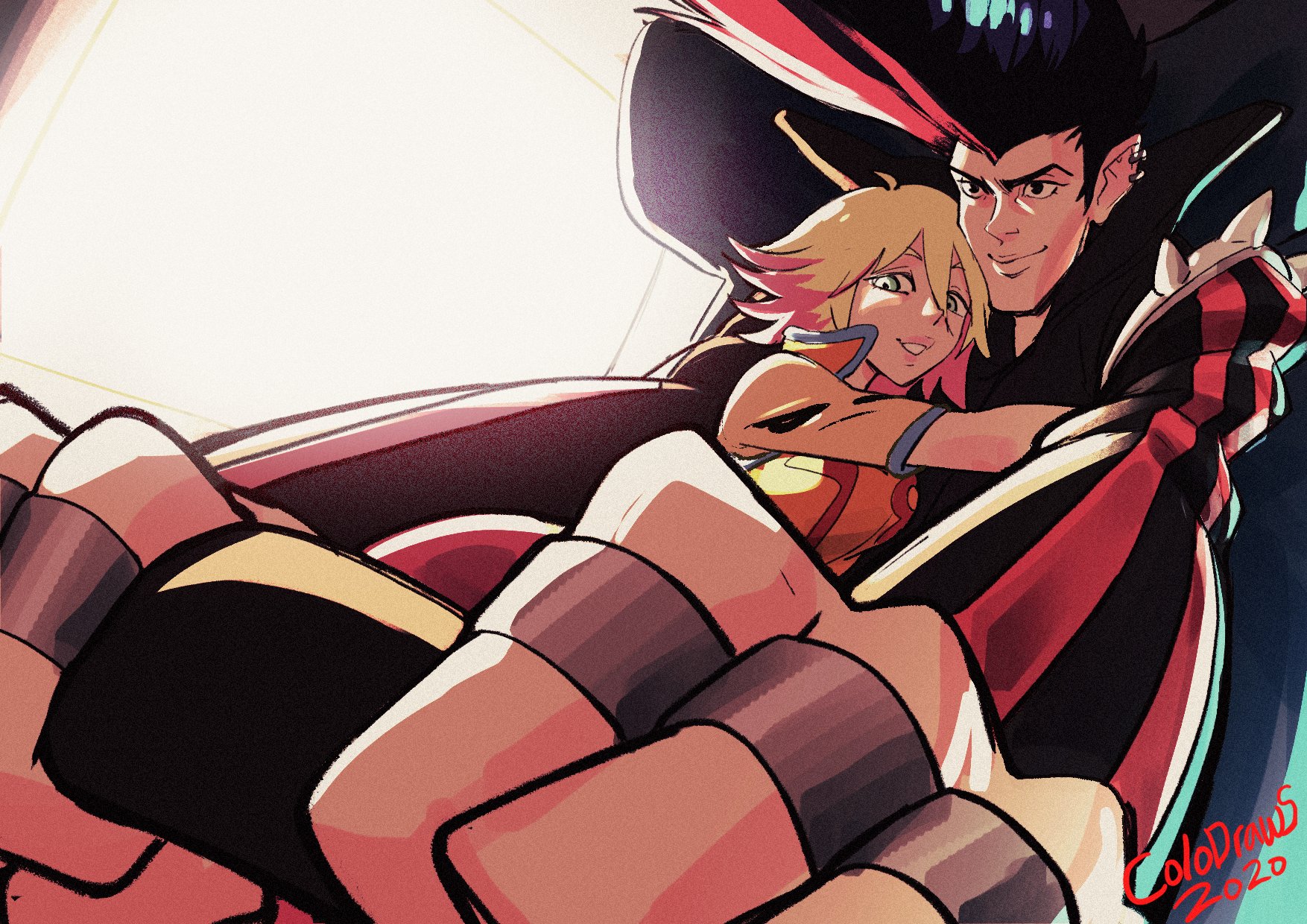 1boy 1girl 2020 black_eyes black_hair blonde_hair blue_eyes colo_(nagrolaz) driving ear_piercing foreshortening grin hair_between_eyes high_collar highres hug jacket jp_(redline) lips multicolored_hair piercing pink_hair pompadour redline signature smile sonoshee_mclaren steering_wheel two-tone_hair