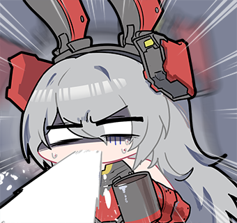 1girl animal_ears chibi chibi_only chinese_commentary cup girls&#039;_frontline girls&#039;_frontline_2:_exilium grey_hair krolik_(girls&#039;_frontline_2) long_hair lowres madcore mechanical_ears official_art rabbit_ears second-party_source solo spit_take spitting