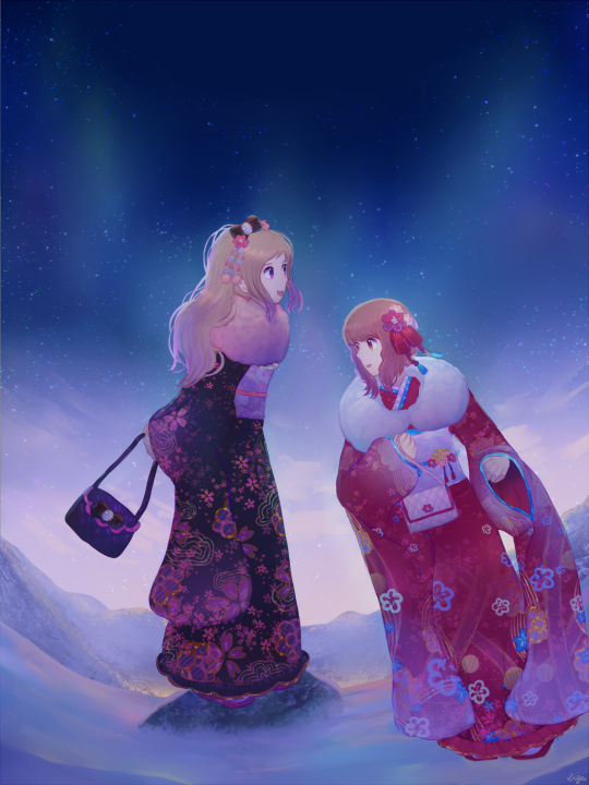 2girls bag blonde_hair elise_(fire_emblem) fire_emblem fire_emblem_fates flower hair_flower hair_ornament handbag japanese_clothes kimono lijupy multiple_girls night night_sky nintendo outdoors pink_hair sakura_(fire_emblem) sky smile star_(sky)