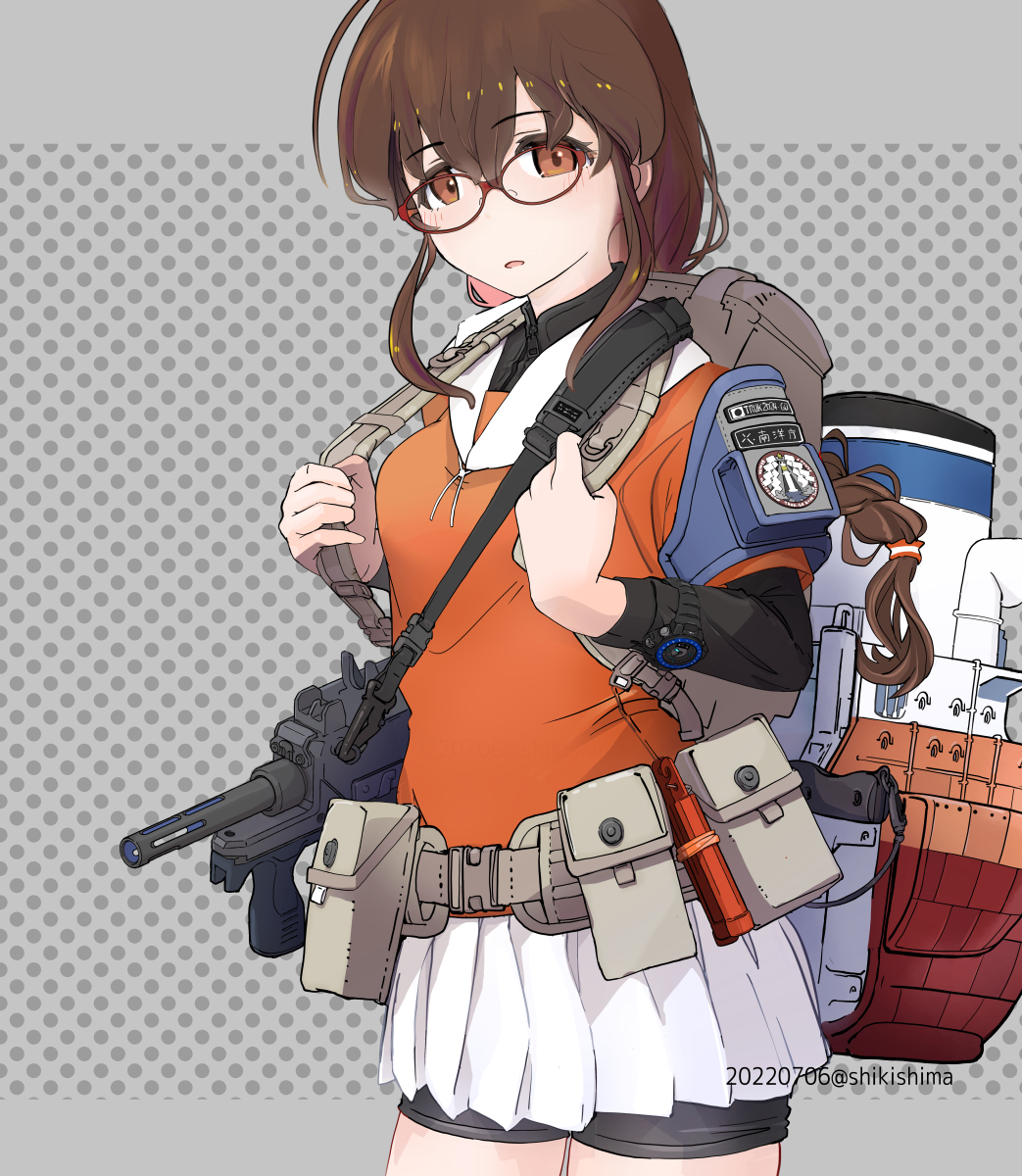1girl adapted_turret backpack badge bag belt bespectacled bike_shorts black_shorts braid breasts brown_hair cannon commentary_request cowboy_shot glasses gradient_background gun highres kantai_collection long_hair minebea_pm-9 orange_eyes orange_shirt polka_dot polka_dot_background sailor_collar school_uniform serafuku shikishima_fugen ship_turret shirt shorts shorts_under_skirt single_braid small_breasts smokestack solo souya_(kancolle) souya_agb_(kancolle) submachine_gun twitter_username undershirt utility_belt weapon white_sailor_collar white_shirt