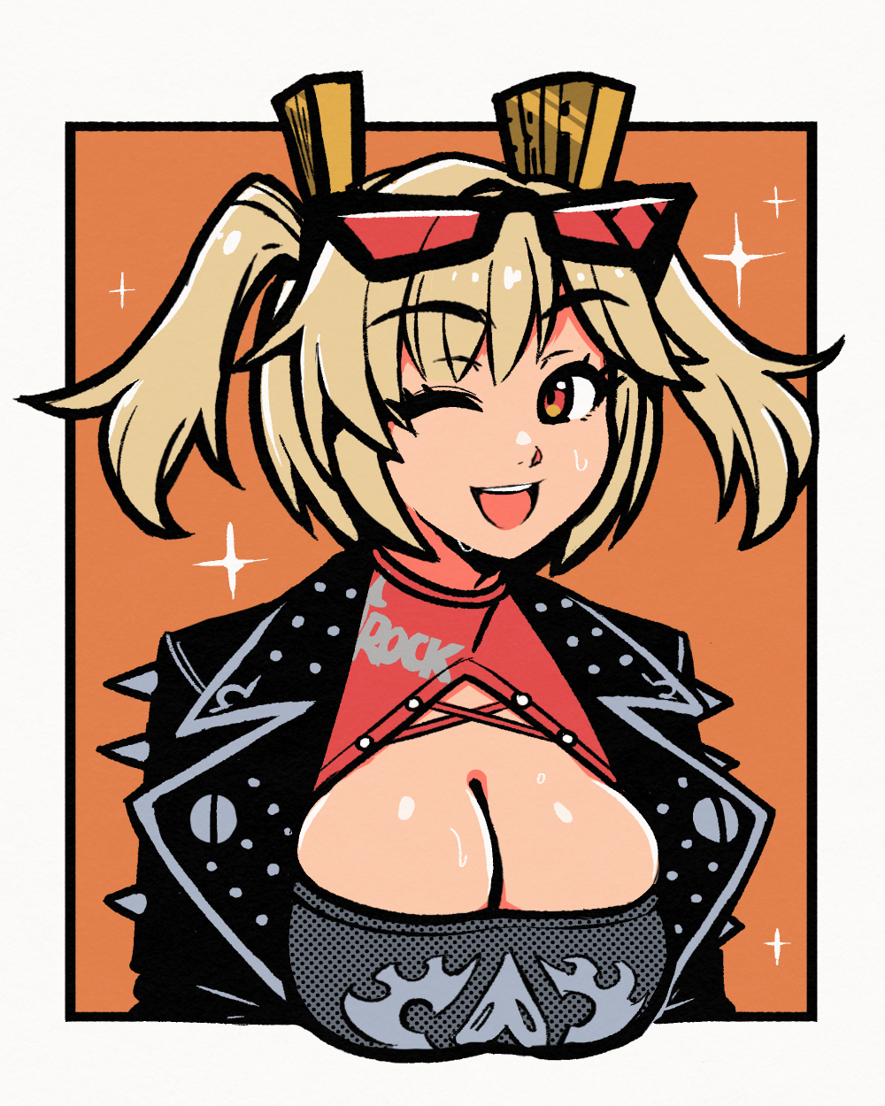 1girl ;d akairiot black_jacket blonde_hair breasts burnice_white choker cleavage commentary crop_top english_commentary eyewear_on_head highres jacket large_breasts looking_at_viewer one_eye_closed open_mouth red-tinted_eyewear red_eyes smile solo sunglasses teeth tinted_eyewear upper_body upper_teeth_only zenless_zone_zero