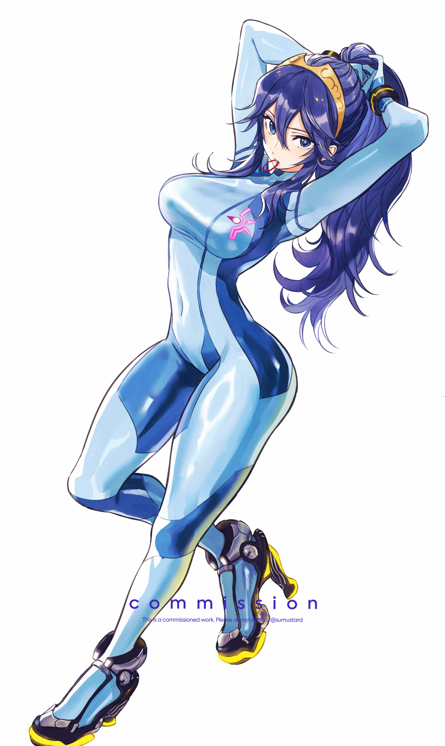 1girl artist_name blue_bodysuit blue_eyes blue_hair bodysuit breasts commentary commission cosplay english_commentary english_text fire_emblem high_heels highres long_hair lucina_(fire_emblem) metroid nintendo samus_aran samus_aran_(cosplay) simple_background solo sumustard twitter_username tying_hair white_background zero_suit