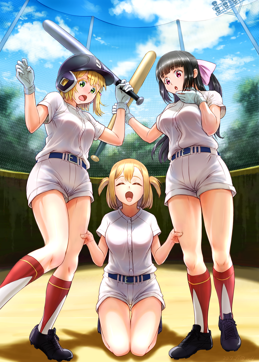 3girls :d :o baseball_bat baseball_helmet black_footwear black_hair blonde_hair blunt_bangs bow breasts cleats dated day gloves green_eyes hair_bow hand_on_another&#039;s_thigh hand_up helmet high-waist_shorts highres holding holding_baseball_bat kawaguchi_yoshino kneehighs kneeling long_hair medium_breasts multiple_girls muscle_envy nakamura_nozomi_(tamayomi) oomura_shiragiku open_mouth oshiyon outdoors ponytail red_legwear shadow shirt short_sleeves shorts smile socks sportswear standing tamayomi two_side_up watermark white_gloves white_shirt white_shorts
