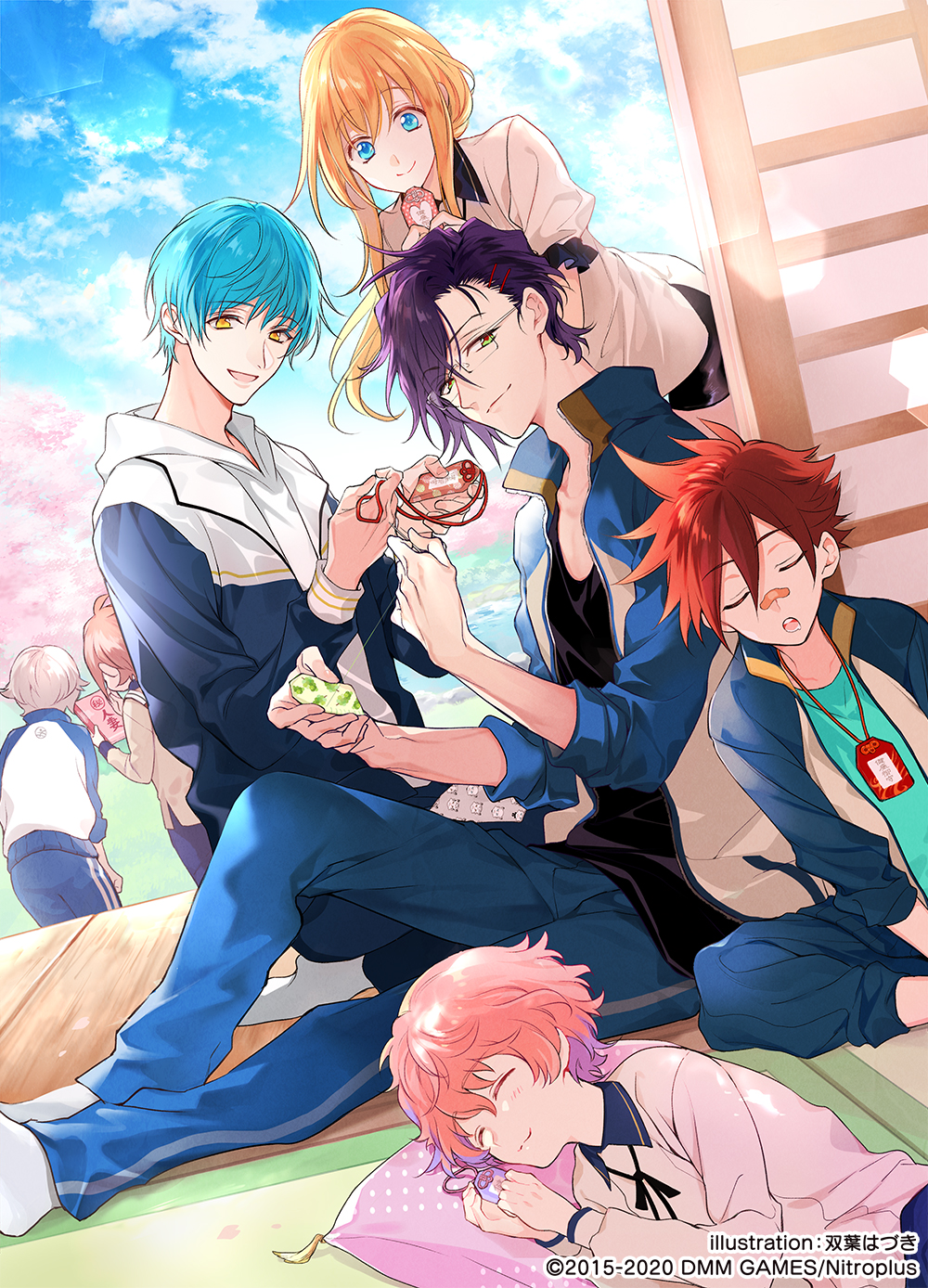 6+boys ^_^ aizen_kunitoshi akashi_kuniyuki akita_toushirou aqua_hair bandaid bandaid_on_face bandaid_on_nose blonde_hair blue_eyes blue_sky brown_hair cherry_blossoms closed_eyes cloud day dutch_angle closed_eyes futaba_hazuki glasses green_eyes hair_ornament hairclip highres hood hoodie hotarumaru houchou_toushirou ichigo_hitofuri jacket lying male_focus midare_toushirou multiple_boys official_art omamori on_side open_mouth pants pillow pink_hair ponytail purple_hair red_hair silver_hair sitting sky sleeping sliding_doors smile touken_ranbu track_jacket track_pants yellow_eyes