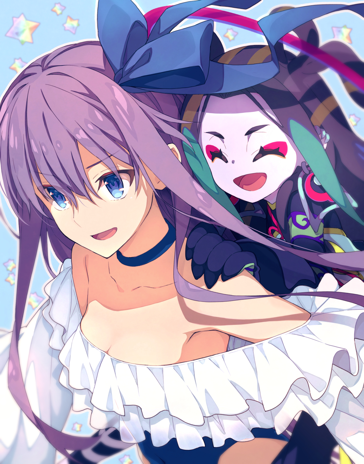 1boy 1girl bare_shoulders black_hair blue_eyes blue_ribbon blush breasts choker closed_eyes collarbone eyeshadow fate/grand_order fate_(series) frilled_one-piece_swimsuit frills hair_pulled_back hair_ribbon hair_rings highleg highleg_one-piece_swimsuit highres long_hair long_sleeves makeup meltryllis meltryllis_(fate) meltryllis_(swimsuit_lancer)_(fate) meltryllis_(swimsuit_lancer)_(second_ascension)_(fate) multicolored_hair off-shoulder_one-piece_swimsuit off_shoulder one-piece_swimsuit open_mouth puffy_sleeves purple_hair red_eyeshadow revision ribbon saipaco sleeves_past_fingers sleeves_past_wrists small_breasts smile streaked_hair swimsuit taisui_xingjun_(fate) very_long_hair white_ribbon