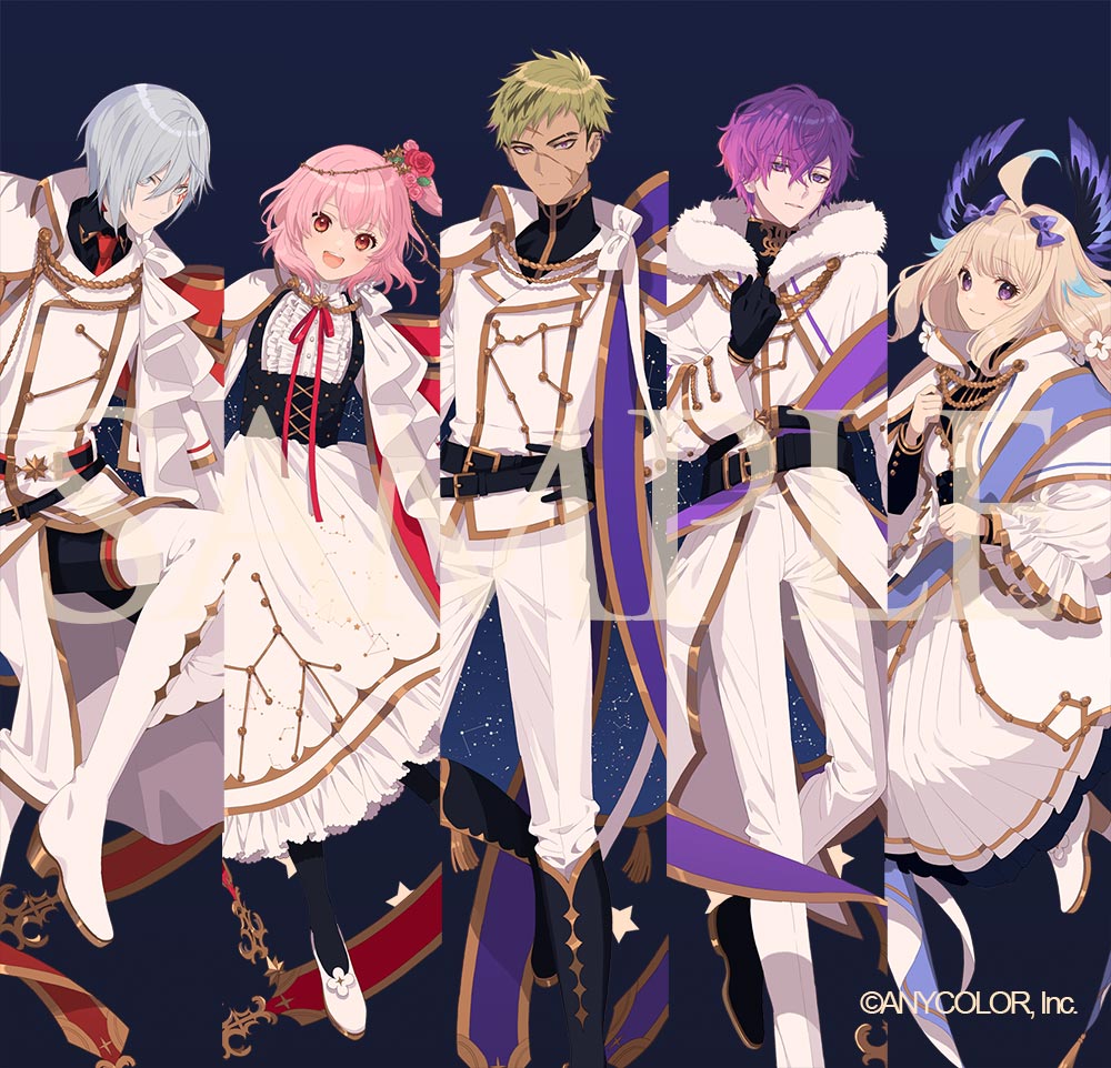 2girls 3boys :d ahoge aiguillette aquarius_(constellation) aries_(constellation) belt belt_buckle black_belt black_corset black_gloves black_pants black_pantyhose black_shirt blonde_hair blue_background blue_hair boots bow buckle cancer_(constellation) cape center_frills choppy_bangs clenched_hands closed_mouth coat collared_cape collared_shirt colored_tips column_lineup constellation constellation_(love_live!) constellation_print copyright_notice corset dark-skinned_male dark_skin dress dress_shirt enna_alouette expressionless eyebrow_cut facial_scar facial_tattoo flats flower foot_out_of_frame footwear_flower frilled_skirt frilled_sleeves frills fulgur_ovid full_body fur-trimmed_cape fur_trim gloves gold_trim gradient_hair grey_eyes grey_hair hair_between_eyes hair_bow hair_flower hair_ornament hand_on_own_chest hand_on_own_hip head_chain head_wings heterochromia high_heels hood hood_down hooded_cape jacket jewelry knee_boots knee_up long_coat long_dress long_hair long_sleeves looking_at_viewer low_twintails medium_hair multicolored_hair multiple_boys multiple_girls neck_ribbon necktie nijisanji nijisanji_en official_art okazaki_oka open_mouth pants pantyhose pink_flower pink_hair pink_rose pisces_(constellation) pleated_dress puffy_long_sleeves puffy_sleeves purple_bow purple_eyes purple_hair purple_wings red_belt red_eyes red_flower red_necktie red_ribbon red_rose ribbon rose rosemi_lovelock sample_watermark sash scar scar_on_cheek scar_on_face shirt shoes short_bangs short_hair short_sidetail shoulder_sash sidelocks simple_background skirt smile starry_sky_print streaked_hair tassel tattoo thigh_boots turtleneck twintails two-sided_cape two-sided_fabric uki_violeta underbust undercut vantacrow_bringer virgo_(constellation) virtual_youtuber watermark white_cape white_coat white_dress white_flower white_footwear white_jacket white_shirt white_skirt wings