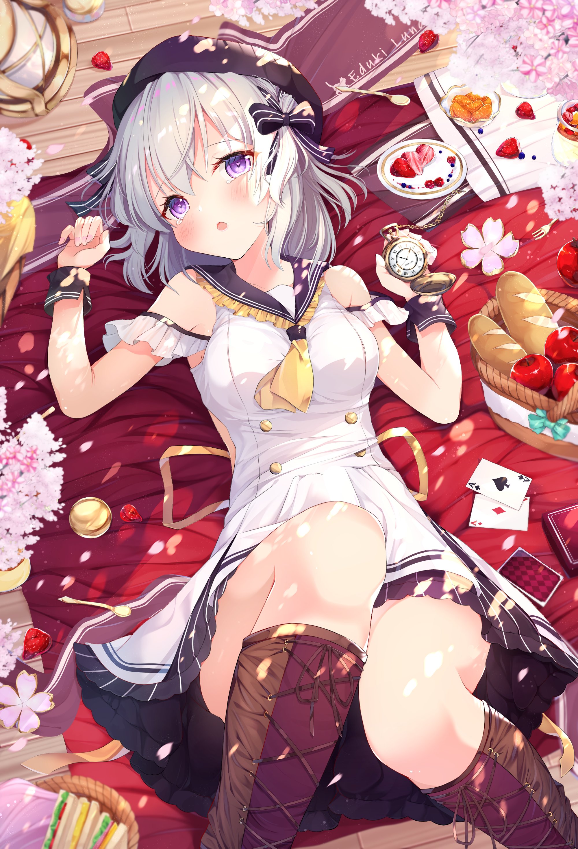 1girl absurdres beret blush boots bread cherry_blossoms clock commentary_request dress female_focus food frilled_shirt_collar frills fruit hat heart heart-shaped_pupils highres knees_together_feet_apart knees_up looking_at_viewer lying on_back original panties petals plate pocket_watch poker purple_eyes sailor_collar sandwich shiira_(nya_rl) silver_hair skirt sleeveless solo symbol-shaped_pupils tears underwear watch white_dress wrist_cuffs