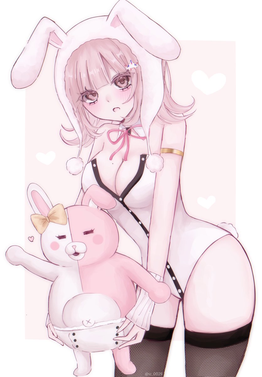 1girl :o animal_ears armlet bare_shoulders black_leotard blush bow breasts brown_background cleavage cowboy_shot danganronpa_(series) danganronpa_2:_goodbye_despair detached_collar diaper ear_bow fake_animal_ears fake_tail flipped_hair heart highres jewelry leotard medium_hair mole mole_on_breast monomi_(danganronpa) nanami_chiaki neck_ribbon pink_eyes pink_ribbon playboy_bunny rabbit_ears rabbit_tail ribbon smile strapless strapless_leotard tail white_background white_leotard xiang_gong