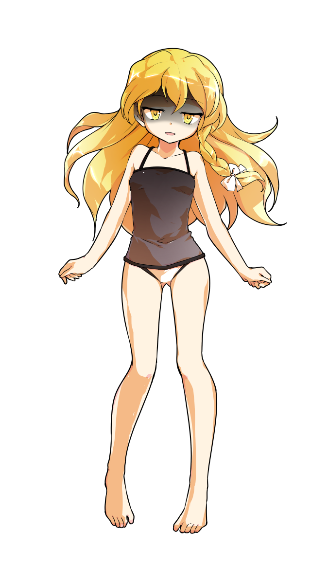 1girl alphes_(style) bare_arms bare_legs bare_shoulders barefoot black_one-piece_swimsuit blonde_hair braid breasts casual_one-piece_swimsuit collarbone commentary_request dairi full_body gloom_(expression) gluteal_fold hair_between_eyes highres kirisame_marisa looking_at_viewer one-piece_swimsuit open_mouth parody side_braid silent_sinner_in_blue single_braid small_breasts smile solo standing straight-on style_parody swimsuit tachi-e touhou touhou_bougetsushou transparent_background yellow_eyes