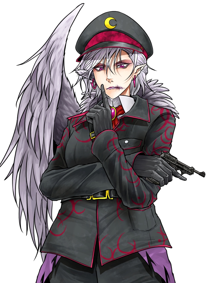 1girl ascot black_gloves black_hat black_jacket black_pants closed_mouth commentary_request cowboy_shot earrings expressionless gloves gun hair_between_eyes handgun hat holding holding_gun holding_weapon jacket jewelry kishin_sagume long_sleeves looking_at_viewer military_hat military_uniform pants pink_brooch pointy_ears purple_eyes red_ascot ryuuichi_(f_dragon) shirt short_hair simple_background single_wing solo touhou weapon white_background white_hair white_shirt wings
