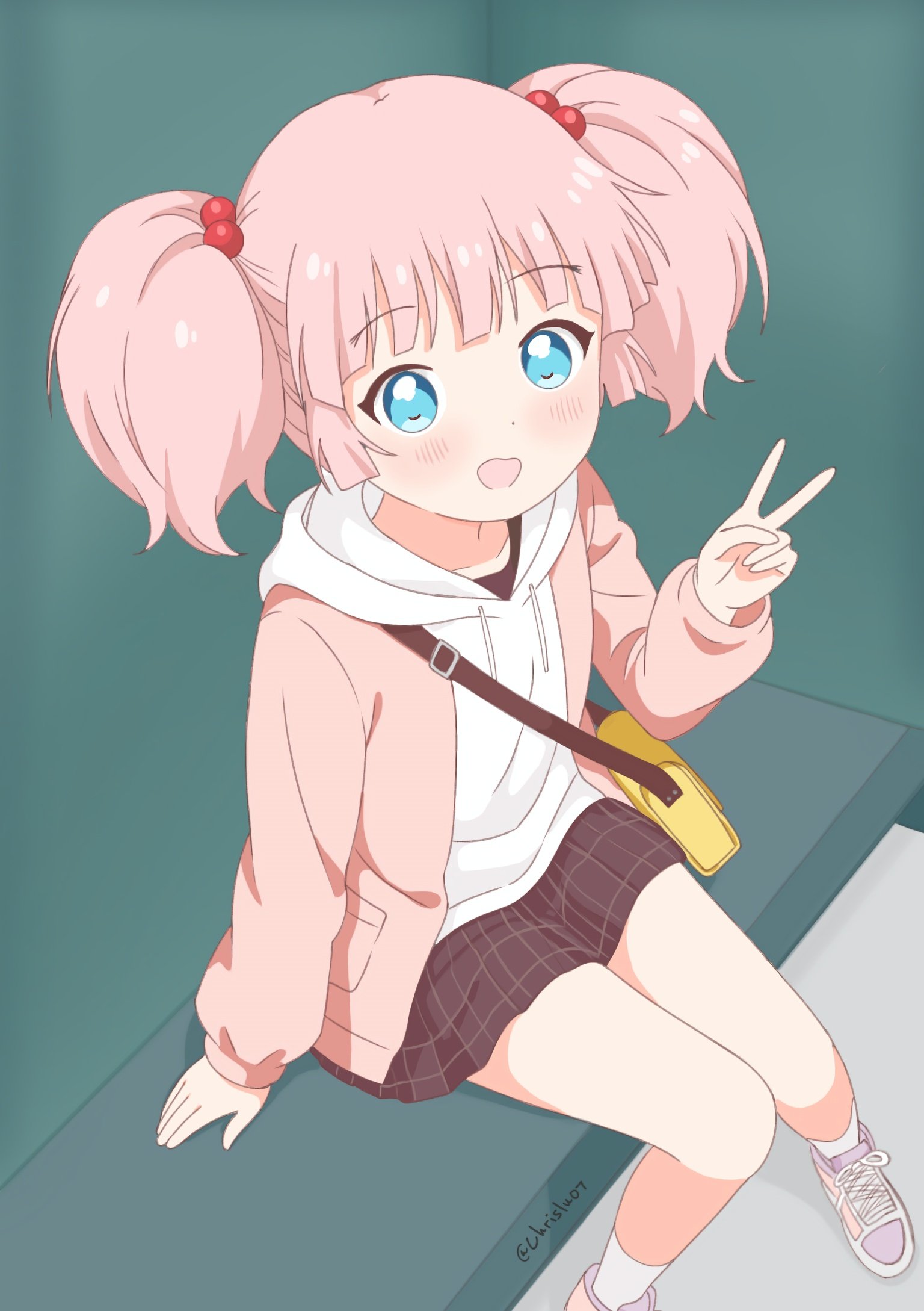 1girl bag blue_eyes blush chrislu07 dot_nose female_focus hood hoodie long_sleeves looking_at_viewer open_clothes open_mouth pink_hair shoes shoulder_bag sitting skirt socks solo twitter_username v white_socks yoshikawa_chinatsu yuru_yuri