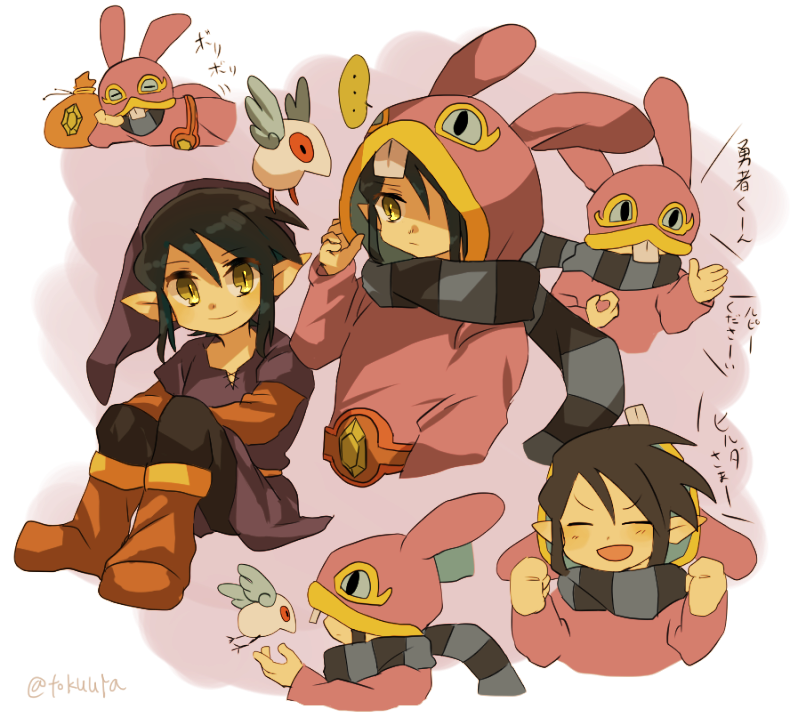 ... 1boy animal_hood black_hair black_pants black_scarf boots brown_footwear commentary_request creature hat hood hood_down hood_up money_bag multiple_views nintendo pants pink_background pink_robe pointy_ears purple_hat purple_tunic rabbit_hood ravio robe rupee_(zelda) scarf sheerow sidelocks spoilers spoken_ellipsis striped_clothes striped_scarf the_legend_of_zelda the_legend_of_zelda:_a_link_between_worlds tokuura translation_request tunic two-tone_background white_background yellow_eyes