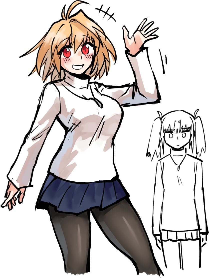 2girls ahoge arcueid_brunestud arcueid_brunestud_(cosplay) blonde_hair blue_skirt blush breasts cosplay dailyyumiduka jewelry large_breasts looking_at_viewer multiple_girls necklace pantyhose short_hair simple_background skirt small_breasts smile sweater tsukihime tsukihime_(remake) turtleneck turtleneck_sweater waving white_background white_sweater yumizuka_satsuki